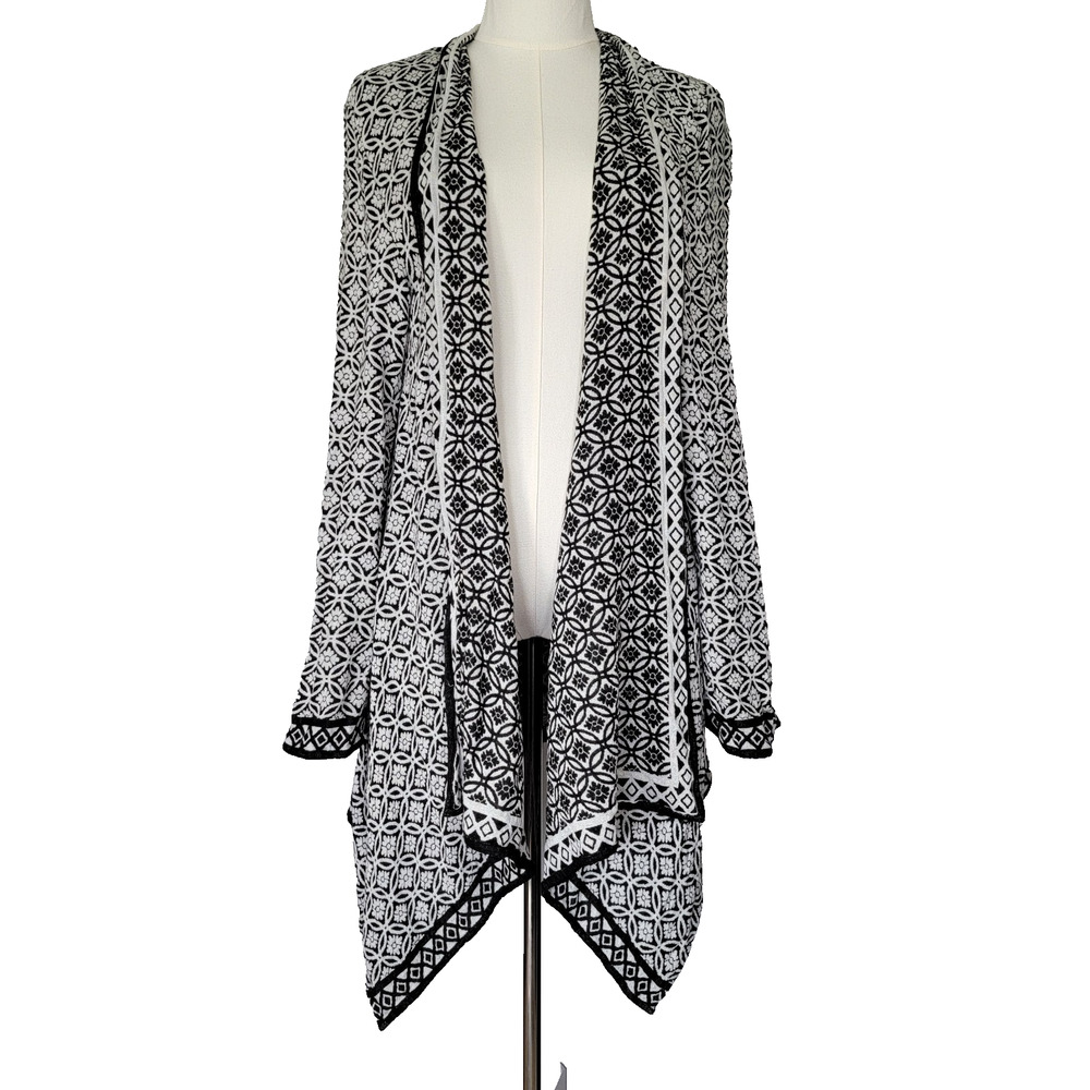 Chicos Cardigan Open Geometric Black White Womens 2 (12/L) Artsy Hippie Office